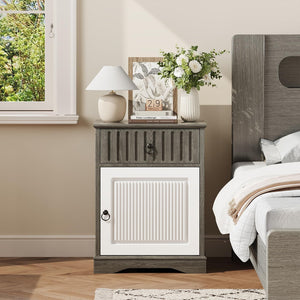 Farmhouse Nightstand Set of 2 with Drawer – Wide Bedside Table with Storage, Grey