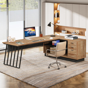 L-Shaped Executive Desk with File Cabinet and Storage Shelves
