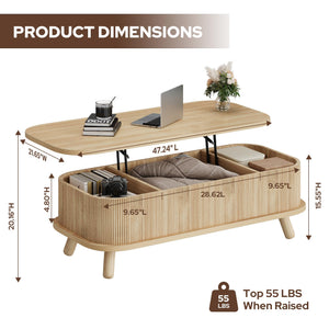 47" Oval Lift Top Coffee Table with Storage & Fluted Design