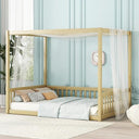 Full Size Kids Canopy Floor Bed Frame with Guardrails