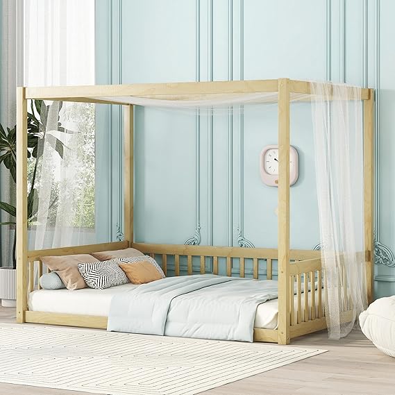 Full Size Kids Canopy Floor Bed Frame with Guardrails