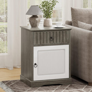 Farmhouse Nightstand Set of 2 with Drawer – Wide Bedside Table with Storage, Grey
