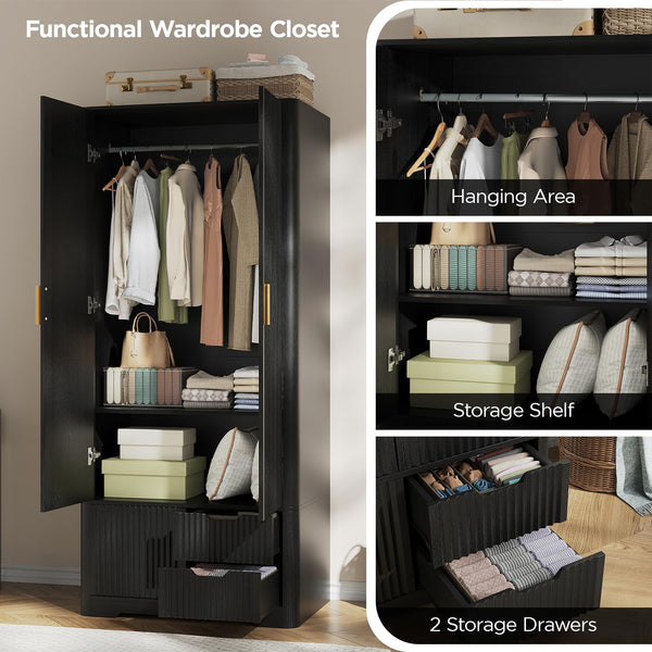 71" Tall Armoire Wardrobe with Drawers & Sliding Cabinet