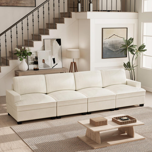 Oversized Modular Sectional Sofa – 4-Seat Corduroy Couch with Nailhead Trim & Storage Ottoman