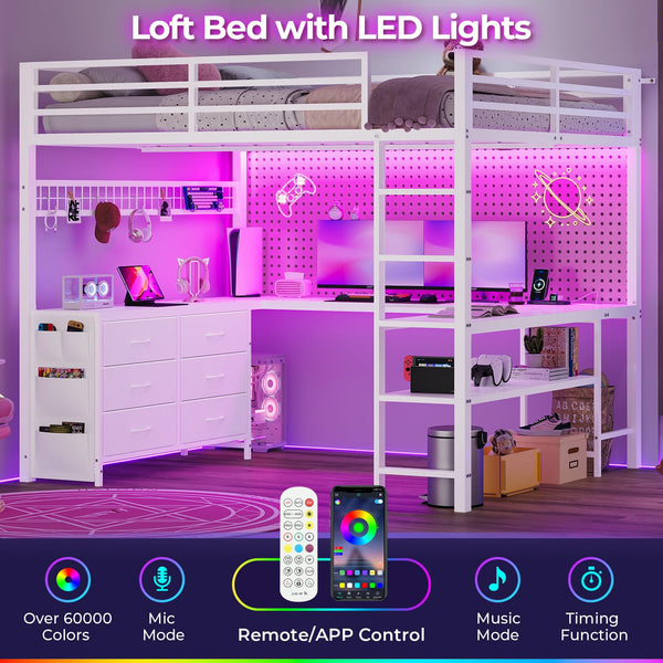 Full Size Loft Bed with U-Shaped Desk, Storage Drawers, LED Lights & Power Outlet