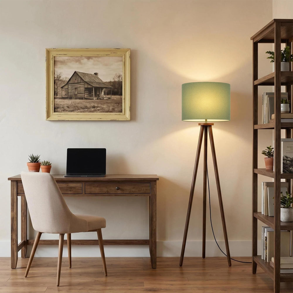 Rubberwood Tripod Floor Lamp — 60.6", 15.7" Linen Shade, Walnut Finish, E26