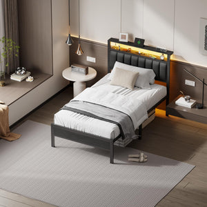 LED Bed Frame with Charging Station & Storage Headboard