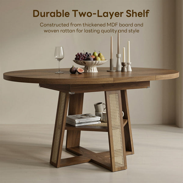 Extendable Round Dining Table with Storage Shelf — Seats 4–8
