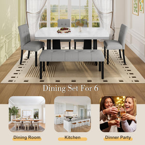 6-Piece Faux Marble Oval Dining Table Set with Chairs and Bench