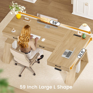 59" L-Shaped Electric Standing Desk with Drawers & Power Outlets