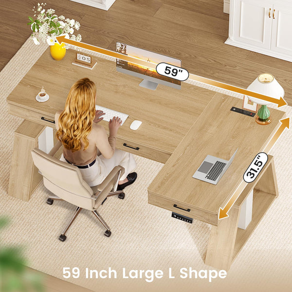 59" L-Shaped Electric Standing Desk with Drawers & Power Outlets