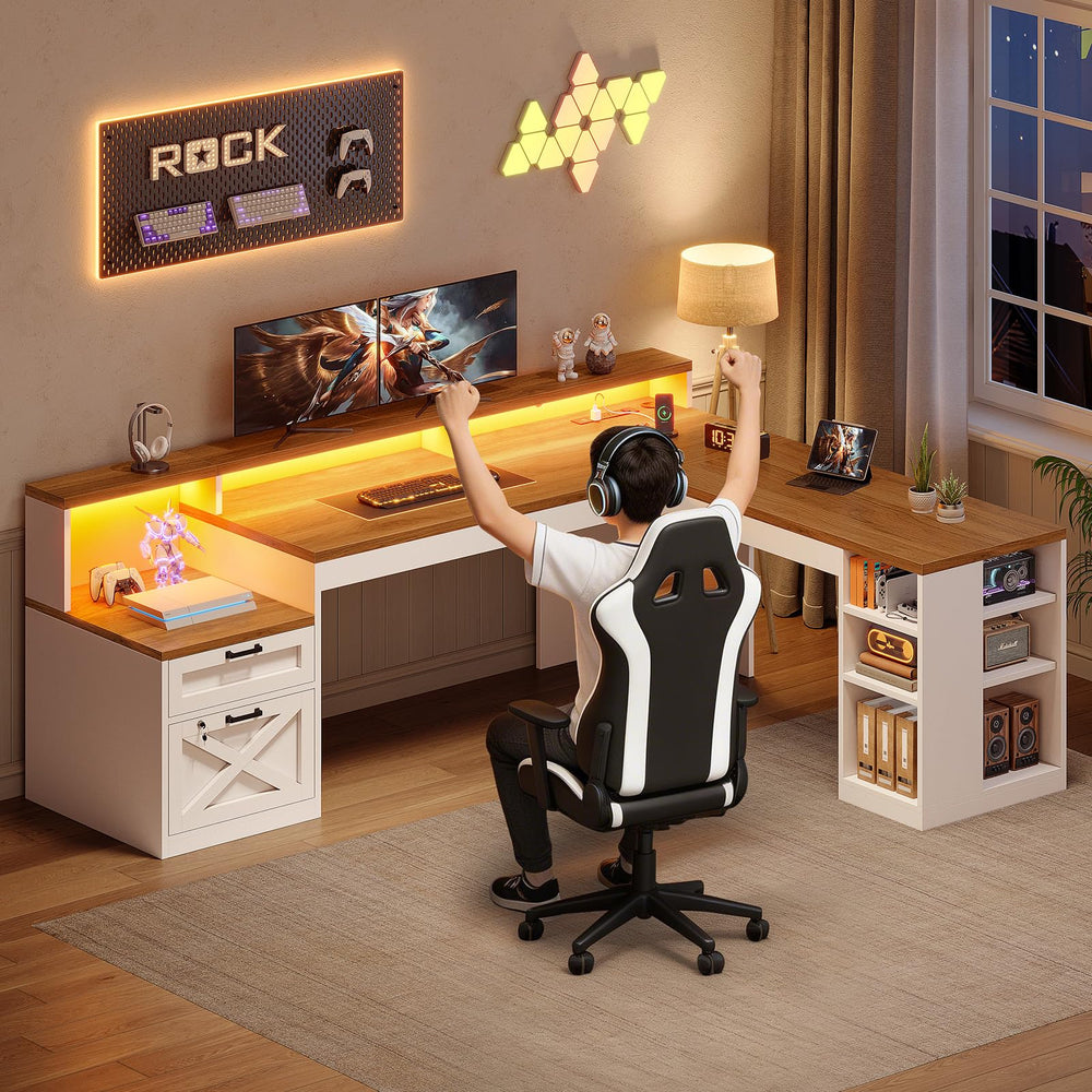 L Shaped Desk with 2 Drawers, 65" x 59" Corner Desk with Storage & LED Strip