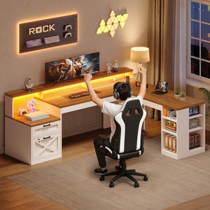 L Shaped Desk with 2 Drawers, 65" x 59" Corner Desk with Storage & LED Strip