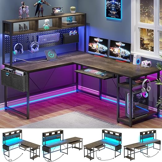 L-Shaped Gaming & Home Office Desk with Power Outlet, LED Lights & Pegboard