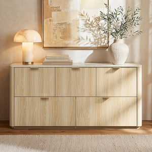 5-Drawer Wide Dresser with Faux Travertine Top
