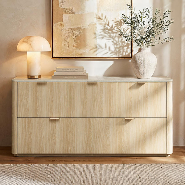 5-Drawer Wide Dresser with Faux Travertine Top