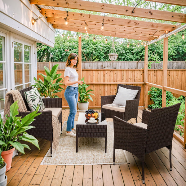 4-Piece Outdoor Patio Furniture Set – Rattan Wicker Chairs with Table