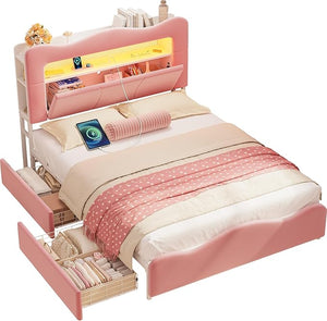 Full Upholstered LED Storage Bed with Charging Station
