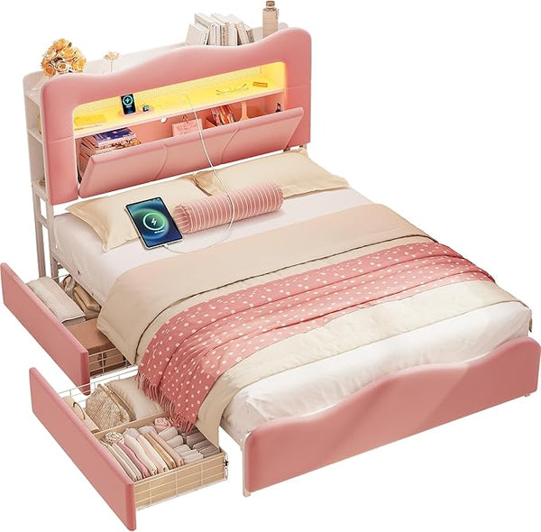 Full Upholstered LED Storage Bed with Charging Station