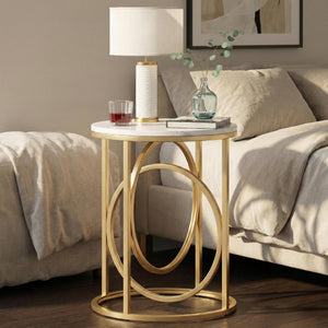 Round End Table Set of 2 with Gold O-Shaped Base