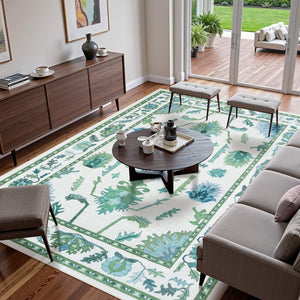 Washable Oushak Area Rug – Floral, Non-Slip, Low Pile