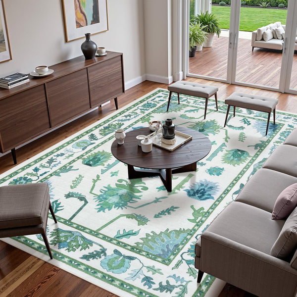 Washable Oushak Area Rug – Floral, Non-Slip, Low Pile