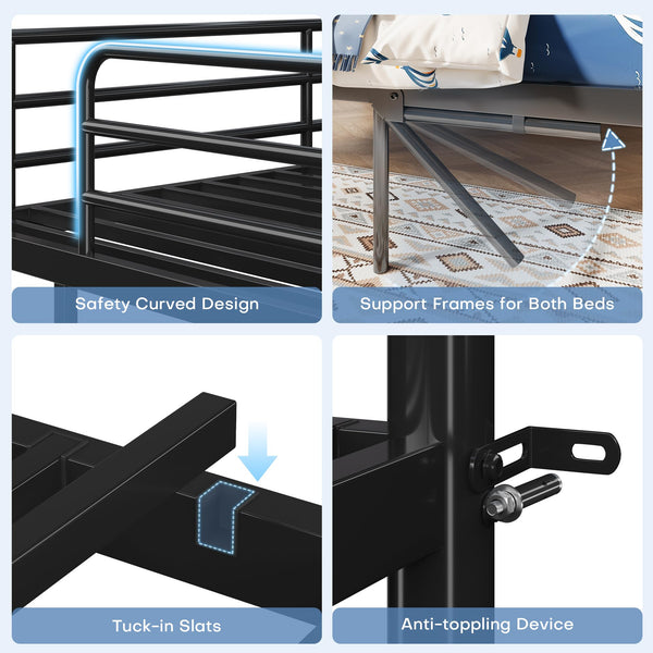 Triple Bunk Bed with Trundle – Twin Over Twin Metal Frame for Kids & Teens