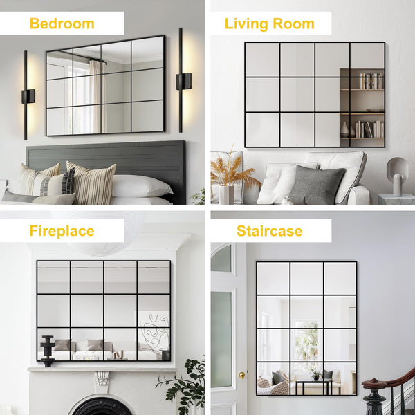 Windowpane Grid Wall Mirror – Black Metal Frame, Multi-Size