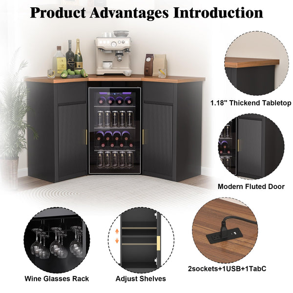 L-Shaped Corner Bar Cabinet with Fridge Space