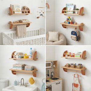 Solid Beechwood Kids Floating Wall Shelves Set of 2 with Hanging Bar