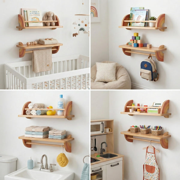 Solid Beechwood Kids Floating Wall Shelves Set of 2 with Hanging Bar