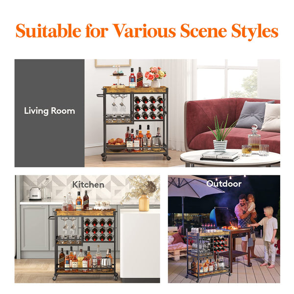 3-Tier Bar Cart with Wine Rack & Removable Tray