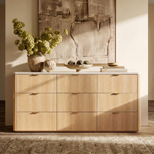 9-Drawer Wide Dresser with Faux Travertine Top