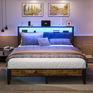 Queen Bed Frame with LED Headboard, Storage & Charging Station