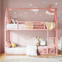 Twin Over Twin House Bunk Bed with Metal Frame, Ladder & Guardrail