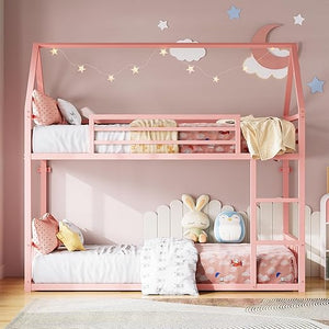 Twin Over Twin House Bunk Bed with Metal Frame, Ladder & Guardrail