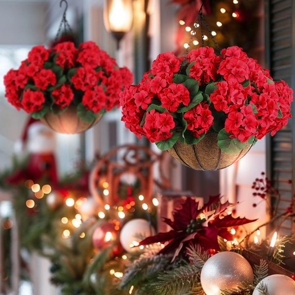 Artificial Geranium Hanging Baskets with Silk Flowers – Set of 2