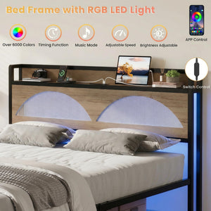 Rattan Queen Bed Frame with LED Lights & Charging Station