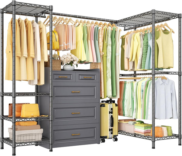 L-Shaped Corner Clothes Rack with Expandable Hanger Rod