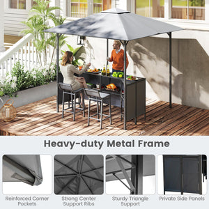 3-Piece Outdoor Bar Set with 8x8 FT Grill Gazebo & 2 Bar Stools