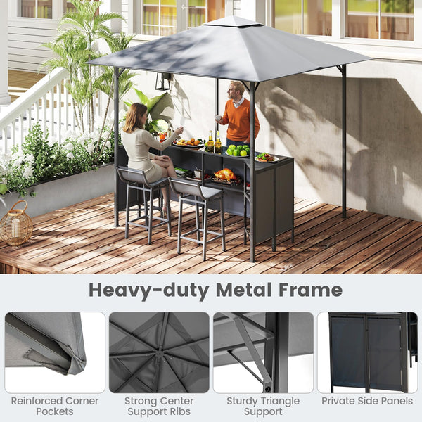 3-Piece Outdoor Bar Set with 8x8 FT Grill Gazebo & 2 Bar Stools