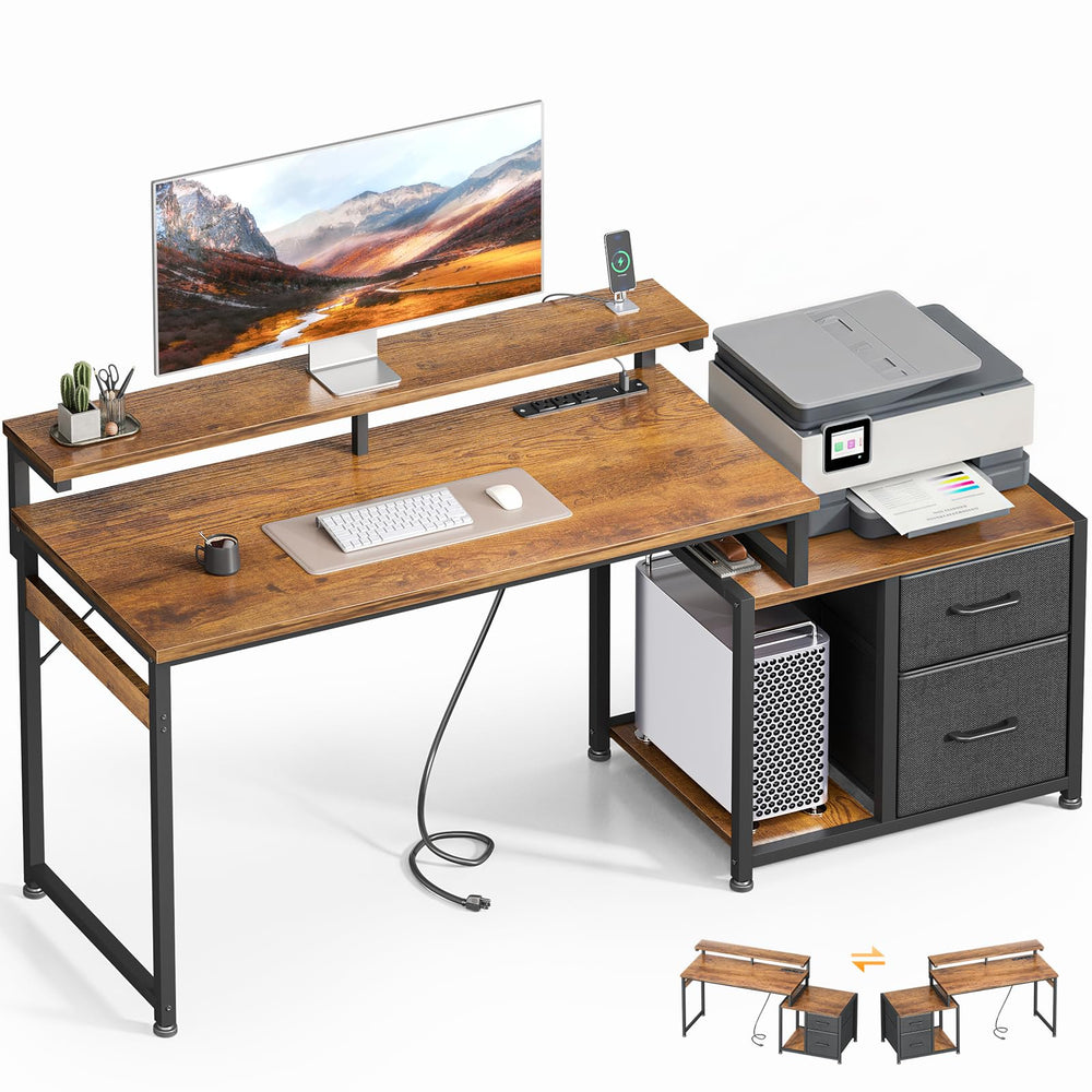 56-Inch Computer Desk with Printer Shelf, Drawers & USB Power Outlet