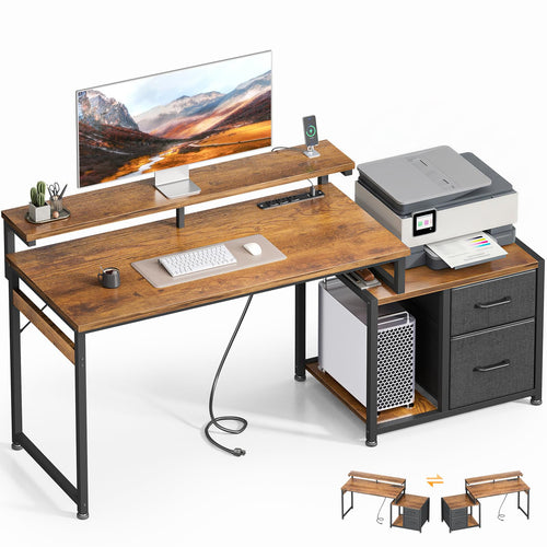 56-Inch Computer Desk with Printer Shelf, Drawers & USB Power Outlet