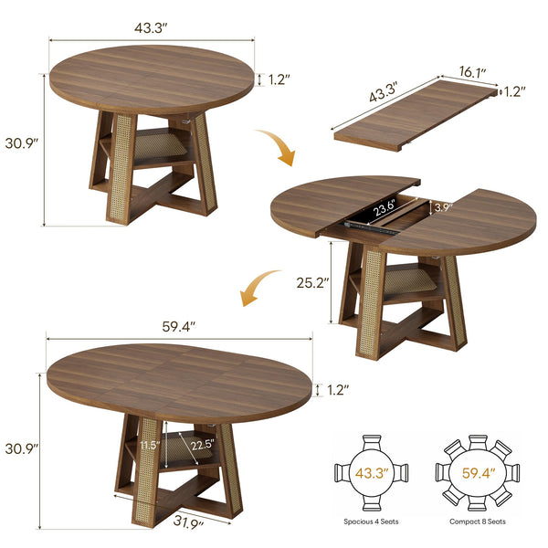 Extendable Round Dining Table with Storage Shelf — Seats 4–8