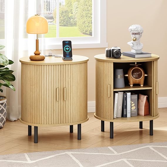 Fluted End Table with Storage & Charging Station