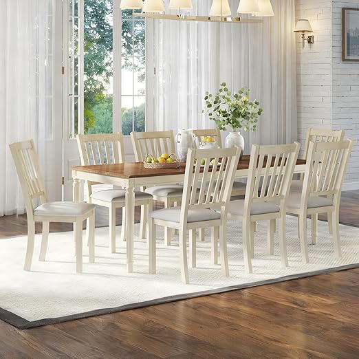 7-Piece Farmhouse Solid Wood Dining Table Set with 6 Upholstered Chairs