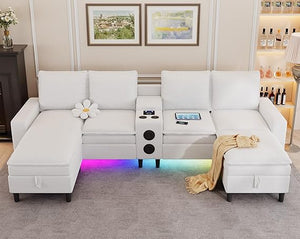 L-Shaped Sectional Sofa with Bluetooth Speaker, LED Lights & Charging Station