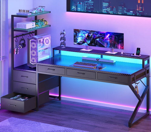L-Shaped Gaming Desk with 6 Drawers, LED Lights & Power Outlet