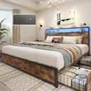 Metal Platform Bed Frame with Storage Headboard, Drawers & LED