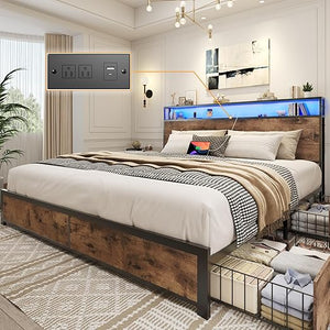 Metal Platform Bed Frame with Storage Headboard, Drawers & LED